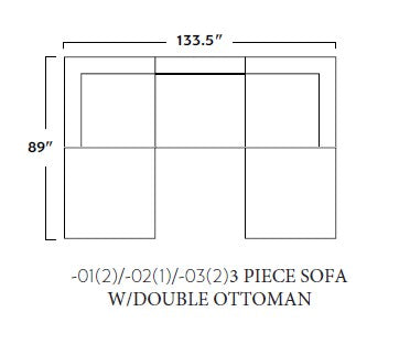 Fluffy 133.5" 3 Piece Sofa W/Double Ottoman -