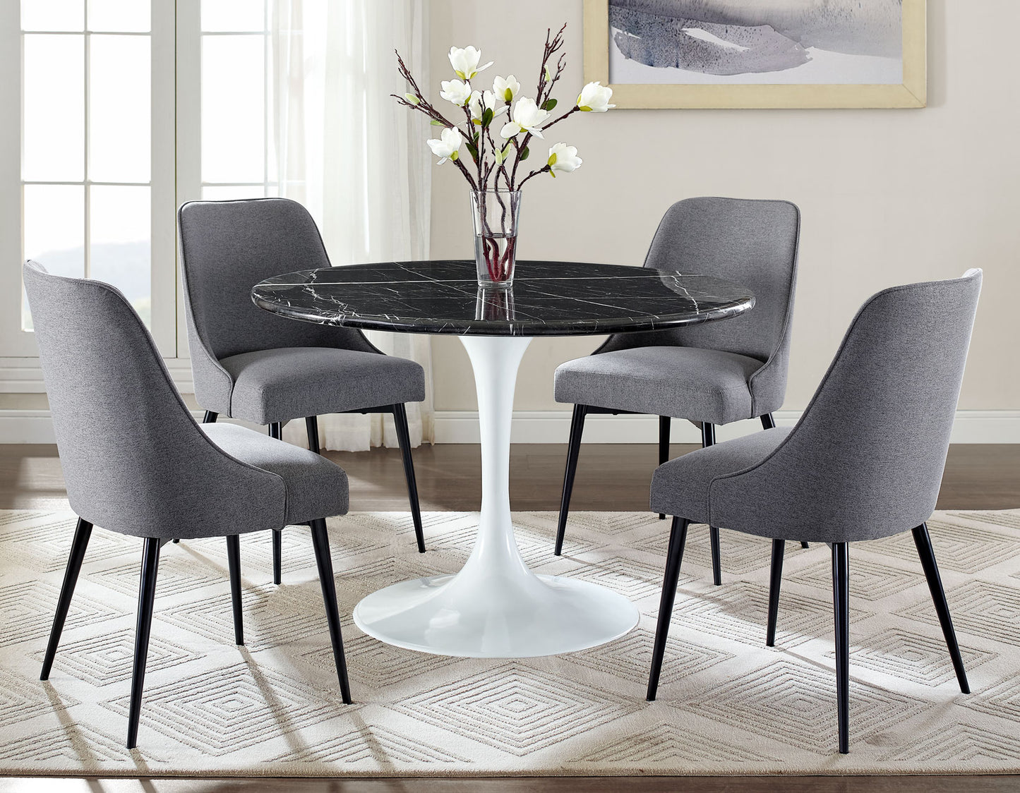 Colby Round 52" Black Marble Top/White Base Dining Table