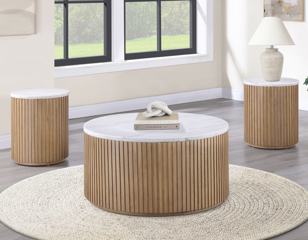 Calvin 36" Round White Marble Top Coffee Table w/Casters -