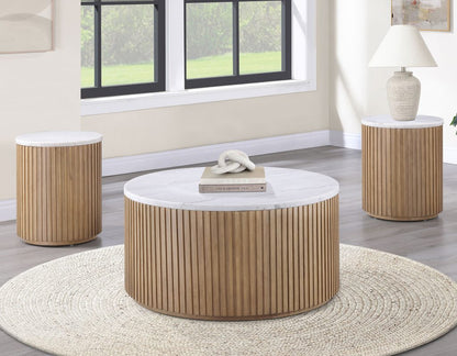 Calvin 36" Round White Marble Top Coffee Table w/Casters -