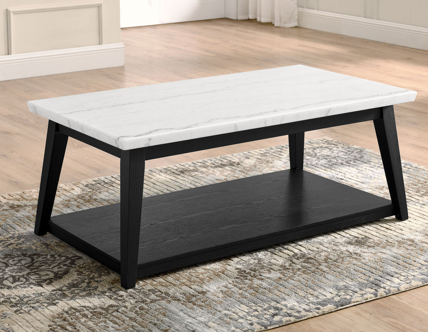 Vienna Black Base White Marble Top Coffee Table w/Casters